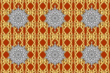 Kahverengi, turuncu ve sarı renkler üzerine dekoratif Hint Yuvarlak Mandala. Eski model. İslam, Arapça, Hintçe, Türkçe, Pakistan. Davetiye kartı, hatıra defteri. Kahverengi, turuncu ve sarıya boyanmış.