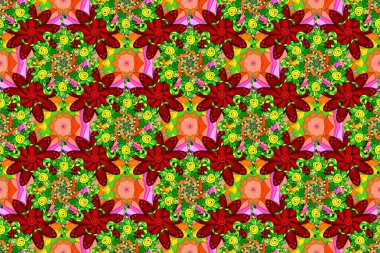 Raster Güzel kumaş deseni. Raster suluboya çiçek deseni, narin çiçekler, kırmızı, yeşil ve turuncu çiçekler, tebrik kartı şablonu.