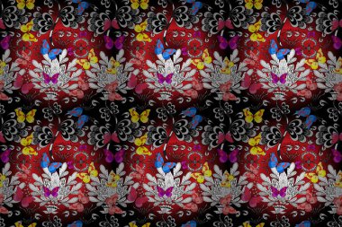 Raster illüstrasyonu. Kızlar, erkekler, elbiseler, duvar kağıtları için soyut, pürüzsüz desenler. Farklı yönlere uçan renkli kelebek koleksiyonu..