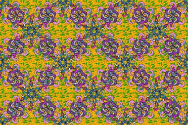 Yeşil, sarı ve kahverengi renklerde parlak çiçekli halı deseni.