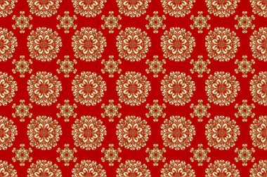 Barok tarzında altın çiçekli süs. Damask arkaplanı. Kahverengi, bej ve kırmızı renklerde altın bir element. Altın çiçekli, pürüzsüz desen.