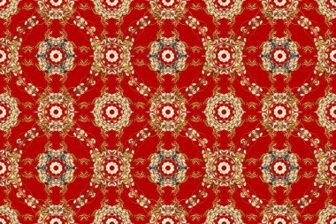 Tekrarlayan elementlerle soyut arkaplan oluşturun. Kusursuz damaske klasik altın desen. Kırmızı ve kahverengi renklerde altın rengi ve altın elementleri var. Raster illüstrasyonu.