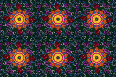 Çocuksu tasarım. Tekstil, kumaş, ambalaj, hatıra defteri için hoş bir çiçek arkaplanı. Mavi, yeşil ve siyah arka planda. Elle çizilmiş karalama çiçekleri ile pürüzsüz desen.