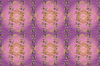 Mor, mor ve pembe renklerde desen. Altın mehndi kusursuz desen. Kına dövmeli süs çiçekleri, altın çıkartmalar, mehndi ve yoga tasarımı, kartlar ve parmak izleri..