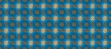 Kusursuz desenli oryantal süs. Raster altın tekstil baskısı. İslam tasarımı. Altın desenli mavi, sarı ve beyaz renklerde altın elementler. Çiçek karoları.