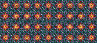 Kumaş, tekstil, duvar kağıdı baskısı için. Eski usul. Renkli şal desenli, siyah, yeşil ve mavi çiçekli ve dekoratif elementli kusursuz desen. Kusursuz arkaplan.