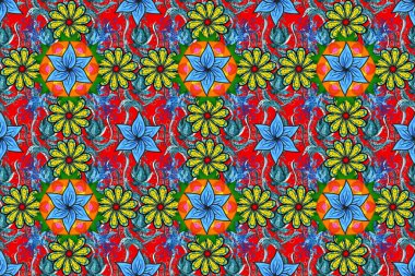 El çizimi. Çiçeklerle kusursuz desen. Suluboya çizimi. Çiçekler kırmızı, yeşil ve mavi renklerde.