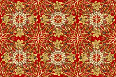 Altın element sarı, kahverengi ve kırmızı renklerde. Damask arkaplanı tekerrür ediyor. Antika altın tekrarlanabilir duvar kağıdı. Barok tarzında altın çiçek süsü..