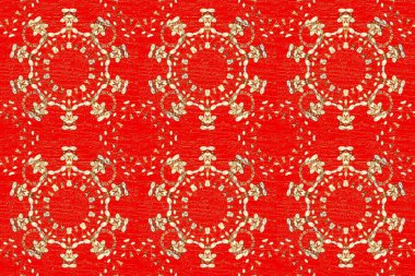 Golden pattern on beige and red colors with golden elements. Seamless pattern oriental ornament. Raster golden textile print. Islamic design. Floral tiles. clipart