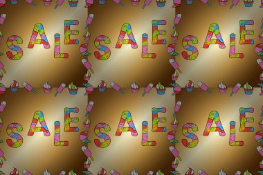 Sarı, bej ve kahverengi cuma, sihirli satış, logotype, baskı, satış için metin, hediye, moda tanıtımı, çiçekçilik. Kusursuz desen. Kaligrafi yaz indirimi, favori markalar..