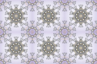 Dairesel soyut mandalas deseni. Renkli Mandala gri, nötr ve beyaz bir parkın üzerinde. Arabesk. Sarmaş dolaş dalları, çiçekleri ve bukleleri olan yuvarlak bir süs..