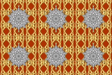 Kahverengi, turuncu ve sarı renkler üzerine dekoratif Hint Yuvarlak Mandala. Eski model. İslam, Arapça, Hintçe, Türkçe, Pakistan. Davetiye kartı, hatıra defteri. Kahverengi, turuncu ve sarıya boyanmış.