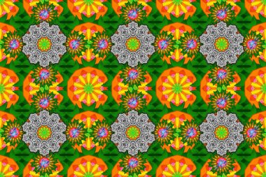 Çiçeklerle suluboya desenli çiçek deseni. Raster illüstrasyonu. Beyaz, yeşil ve turuncu renklerde Asya tekstili.