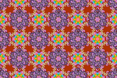 Raster illüstrasyonu. Kumaş, tekstil, duvar kağıdı baskısı için. Eski usul. Renkli şal desenli, turuncu, kahverengi ve pembe çiçekli ve dekoratif elementli kusursuz desen. Kusursuz arkaplan.