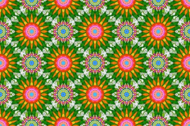 Raster illüstrasyonu. Turuncu, gri ve yeşil renklerde. Çiçek. Kusursuz dekoratif arka plan, çiçek mandala.
