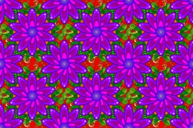 Küçük çiçekteki sevimli çiçek deseni. Mor, mor ve yeşil renkte çiçekler.