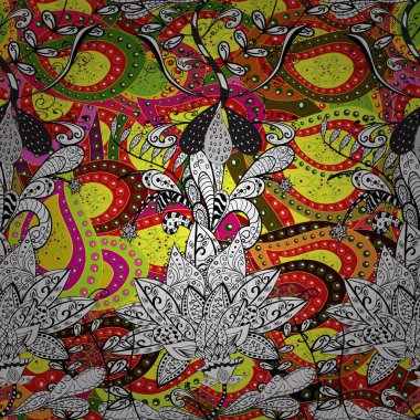 Miles Fleur, süslü püslü bir süs. Kusursuz bir geçmişi var. Vektör çizimi. Kumaş, tekstil, duvar kağıdı baskısı için. Tomurcukları papatya çiçekleri olan sevimli bir çiçek deseni. Antika retro tarzı.