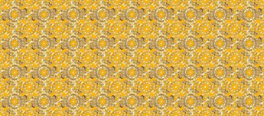 Renklerdeki desen. Kına dövmeli süs çiçekleri, altın çıkartmalar, mehndi ve yoga tasarımı, kartlar ve parmak izleri. Raster altın mehndi kusursuz desen.