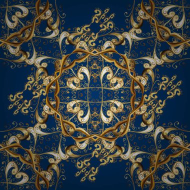 Altın desenli bukleler. Kahverengi, mavi ve sarı renklerde altın elementlerle desen. Doğu tarzı arabesk. Vektör altın desen.