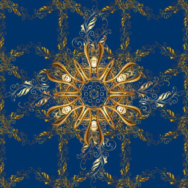 Vektör doğu süsü. Kahverengi, sarı ve mavi renklerde altın desenli altın elementler. Geleneksel klasik altın desen. Barok tarzında doğulu süsü..