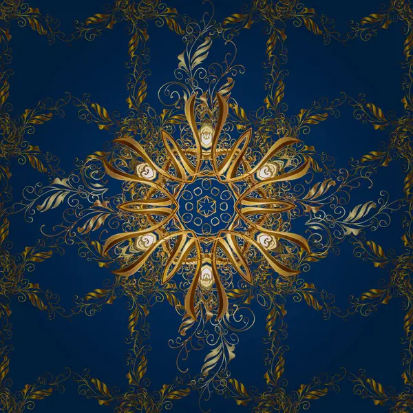 Klasik vektör altın desen. Çiçek süsü kumaş deseni, cam, çiçek desenli metal sarı, mavi ve kahverengi altın elementli..