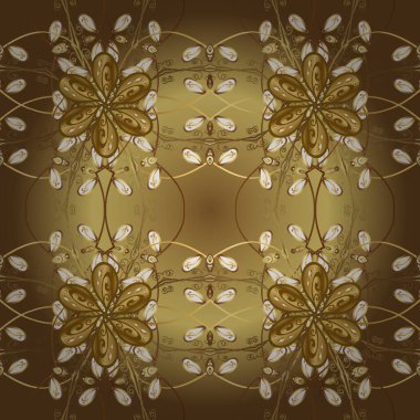 Altın desenli sarı, nötr ve kahverengi renklerde altın elementler. Kusursuz altın desen. Vektör oryantal süsü.