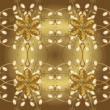 Kahverengi, nötr ve sarı renklerde altın elementlerle kusursuz desen. Klasik klasik klasik arka plan. Kusursuz klasik altın desen. Geleneksel oryantasyon süsü.