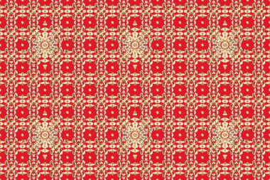 Damask pürüzsüz yineleme kalıbı. Barok tarzında altın çiçekli süs. Bej, kırmızı ve turuncu renklerde altın element. Antika altın tekrarlanabilir duvar kağıdı.