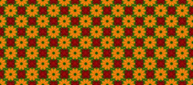 Elle çizilmiş çiçek deseni (fayans). Tekstil için dikişsiz suluboya desen. Sevimli çiçekler, şal desenli, kırmızı, turuncu ve yeşil renklerle renksiz desen..