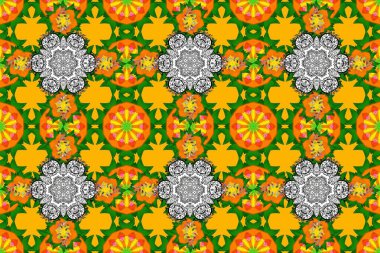 Zengin etnik çizgili dikişsiz geometrik tasarım. Mandala tarzı. Sarı, yeşil ve turuncu renkli mandala. Raster illüstrasyonu.