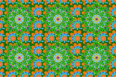 Küçük çiçekteki sevimli çiçek deseni. Turuncu, yeşil ve mavi renkte çiçekler.