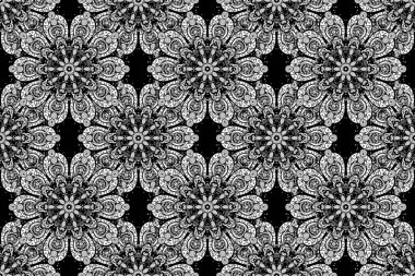 Siyah, gri ve beyaz renklerde parlak çiçekli halı deseni.