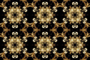 Yeşillik, güzel, dikişsiz desen. Duvar kağıtları ve tekstil için geçmişe dönük zengin tasarım. Raster siyah, bej ve kahverengi yapraklı arka plan. El yapımı yapraklar, çiçekler, girdaplar, karmaşık güzellikteki süsler..