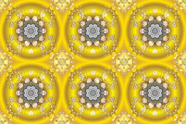 Dekoratif tasarım unsuru filigran hat sanatı. Sarı, bej ve nötr renklerde klasik barok mandala süsü. Raster illüstrasyonu. Retro desenli antika akanthus.