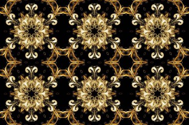 Yeşillik, güzel, dikişsiz desen. Duvar kağıtları ve tekstil için geçmişe dönük zengin tasarım. Raster siyah, bej ve kahverengi yapraklı arka plan. El yapımı yapraklar, çiçekler, girdaplar, karmaşık güzellikteki süsler..