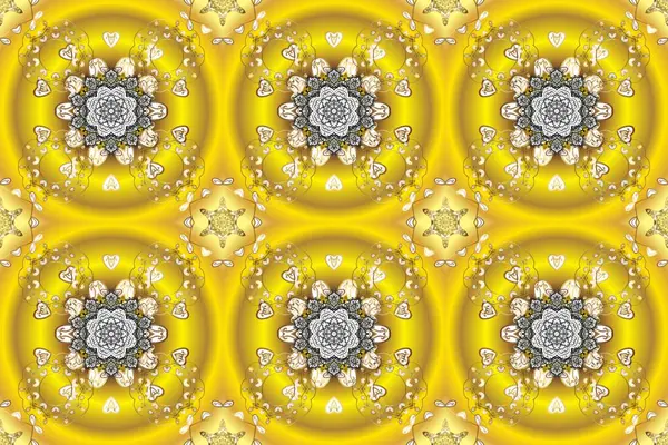 Dekoratif tasarım unsuru filigran hat sanatı. Sarı, bej ve nötr renklerde klasik barok mandala süsü. Raster illüstrasyonu. Retro desenli antika akanthus.