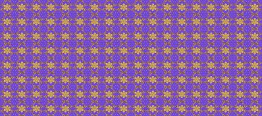 Raster illüstrasyonu. Geometrik motifli basit, pürüzsüz bir Noel deseni. Farklı süslemeli kar taneleri. Retro tekstil koleksiyonu. Menekşe, kahverengi ve sarı renkli elementler.