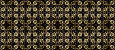 Süslü dekorasyon. Damask altın soyut çiçek deseni siyah, kahverengi ve sarı renklerde. Raster illüstrasyonu.