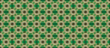 Şık bir grafik desen. Yeşil, nötr ve bej renklerde altın elementler. Kusursuz raster arka plan. Çiçek deseni. Duvar kâğıdı barok, İspanyol kumaşı.