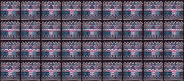 Raster sanatı. Güzel doğa manzarası kavramı. Ev, ağaçlar, kardan adam, dağlar ve tepeler renkli desenli. Tarafsız, mor ve mavi renkler üzerine bir resim. Çocuklar için mükemmel kumaş, bebek odası kağıdı.