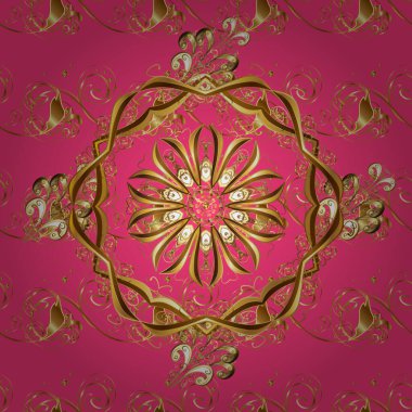 Kahverengi, bej ve pembe renklerde altın elementlerle kusursuz klasik desen. Noel, kar tanesi, yeni yıl 2019.