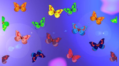 Mor, mavi ve nötr renkte sanat kelebekleri. Renkli kelebeklerin eskiz geçmişi. Raster illüstrasyonu. Koleksiyon Defteri için Resim.