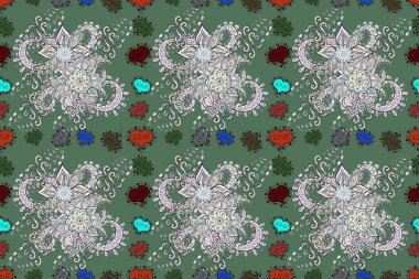 Renkli Bahar Temalı Kusursuz Arkaplan. Düz Çiçek Elementleri Tasarımı. Tarafsız, yeşil ve gri renkli şirin çiçek desenleri. Modaya uygun kumaş deseni.