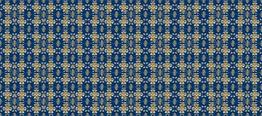 Kart, duvar kağıdı, ambalaj ve tekstil için klasik tasarım. Kraliyet retro 'su mavi, bej ve nötr renklerde. Kusursuz desenli altın elementler. Klasik çiçek dokusu. Altın şablon. Raster illüstrasyonu.