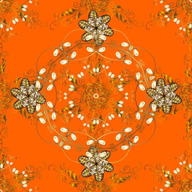 Kahverengi, turuncu ve sarı renklerde altın elementler. Doğu tarzı arabesk. Altın desenli bukleler. Altın desen.