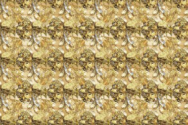 Barok tarzında duvar kağıdı tasarımı için kusursuz damaske deseni arkaplanı. Süslü raster dekorasyonu. Kahverengi, nötr ve bej üzerine altın desenli altın elementler.