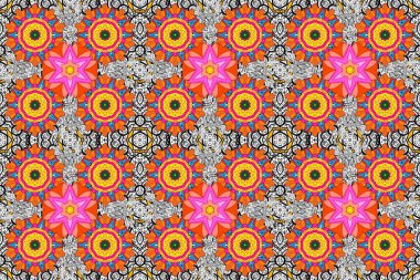 Kusursuz bir arka plan modeli. Yapraklı çiçekler ve kır çiçekli papatya çiçekleri, sarı ve turuncu renkler. Raster - stok.