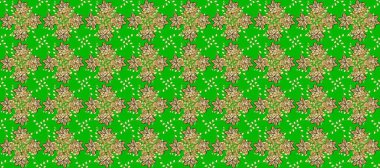 Altın şablon. Sarı ve yeşil renkli Royal retro. Raster illüstrasyonu. Kusursuz desenli altın elementler. Kart, duvar kağıdı, ambalaj ve tekstil için klasik tasarım. Çiçeksel klasik doku.