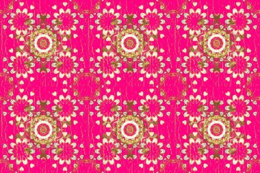 Mor ve kahverengi renklerde altın element. Barok tarzında altın çiçekli süs. Doku arka planında altın duvar kâğıdı. Damask kusursuz yinelenen arkaplan.