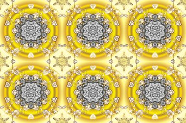 Gri, sarı ve bej renkleri olan karmaşık renkli Arabesk. Raster soyut renkli mandala.